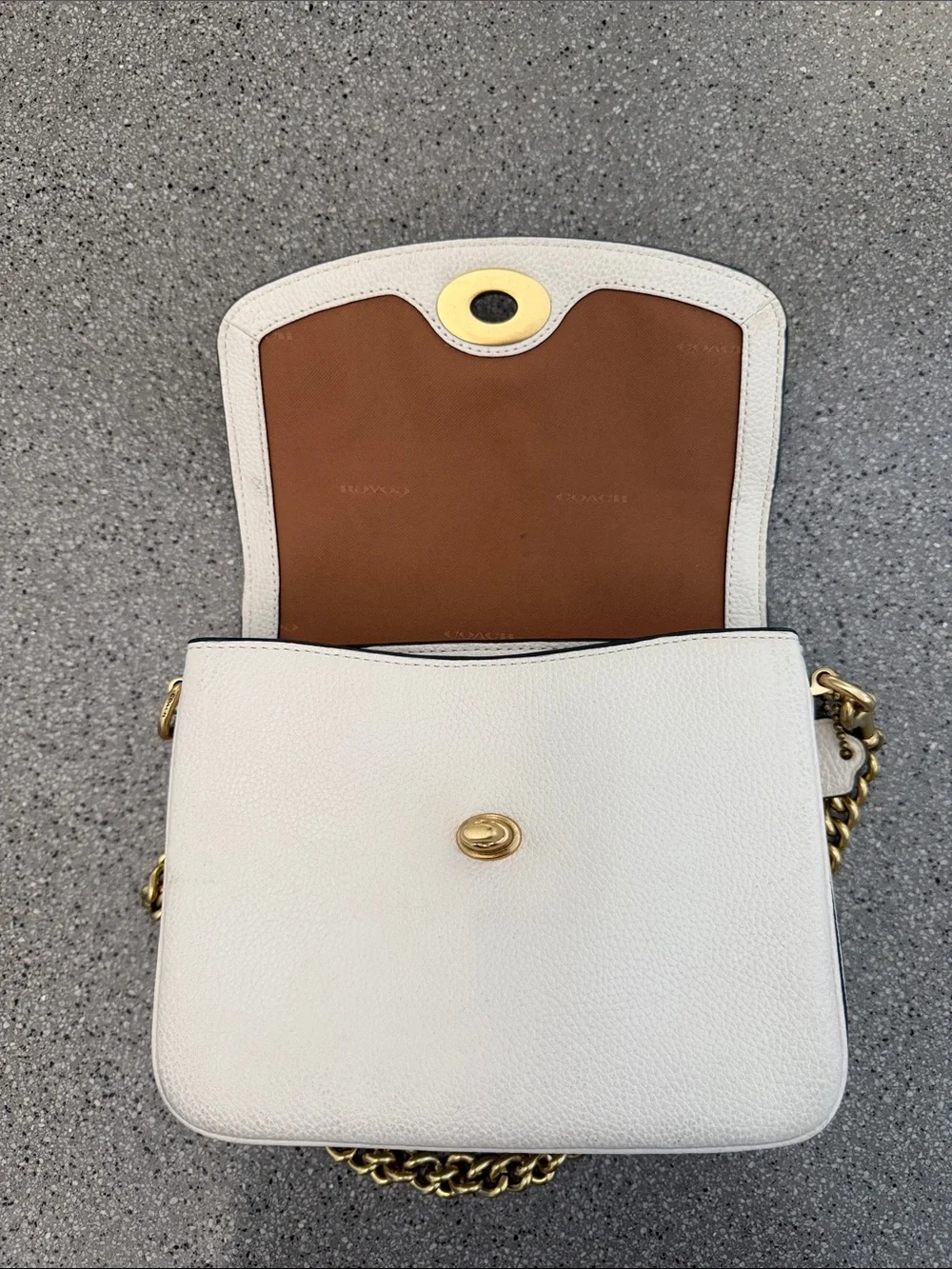 Coach Cream Pebbled Leather Crossbody with Gold Chain and Turnlock
